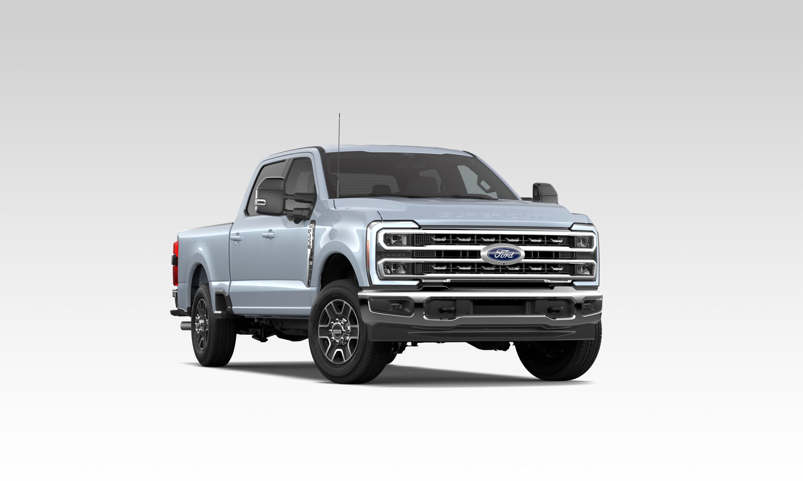 A 2026 F-250, Ford Lariat in Glacier Gray Metallic Tri-coat