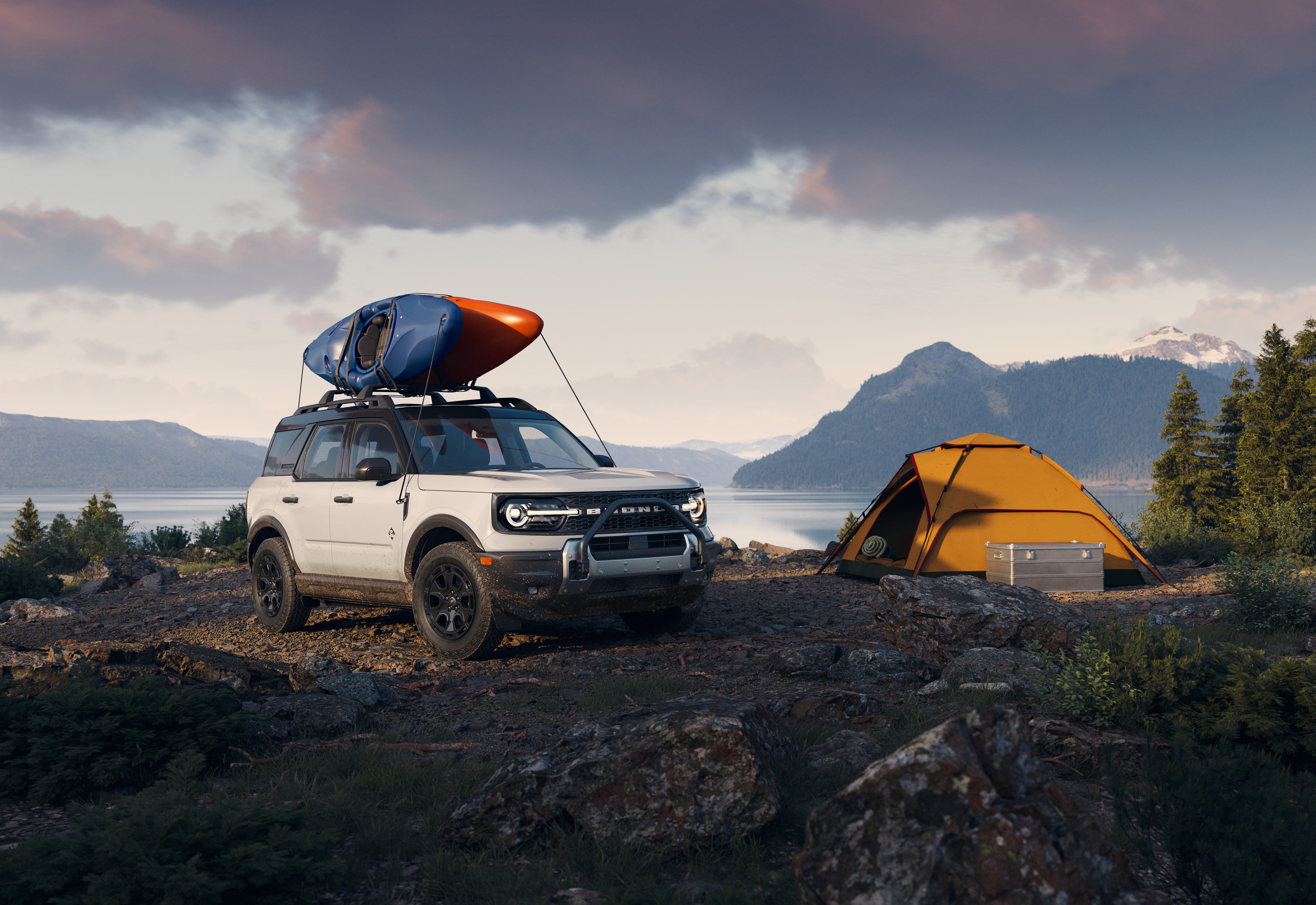 White Ford Bronco Sport at a campsite